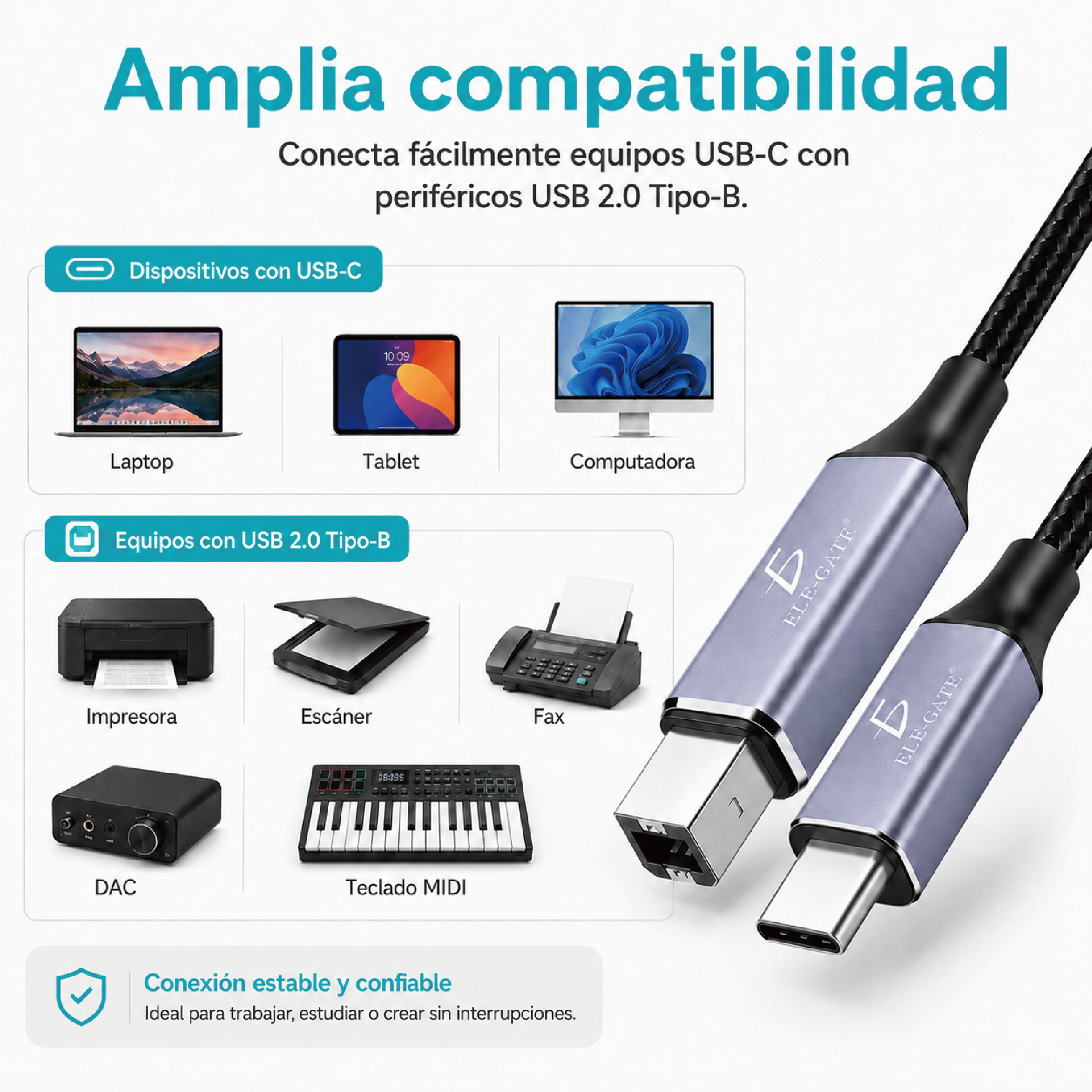 Cable USB-C a USB 2.0 Tipo-B 2M Trenzado para Impresora, Escáner, MIDI e Interfaces de Audio - Image 4