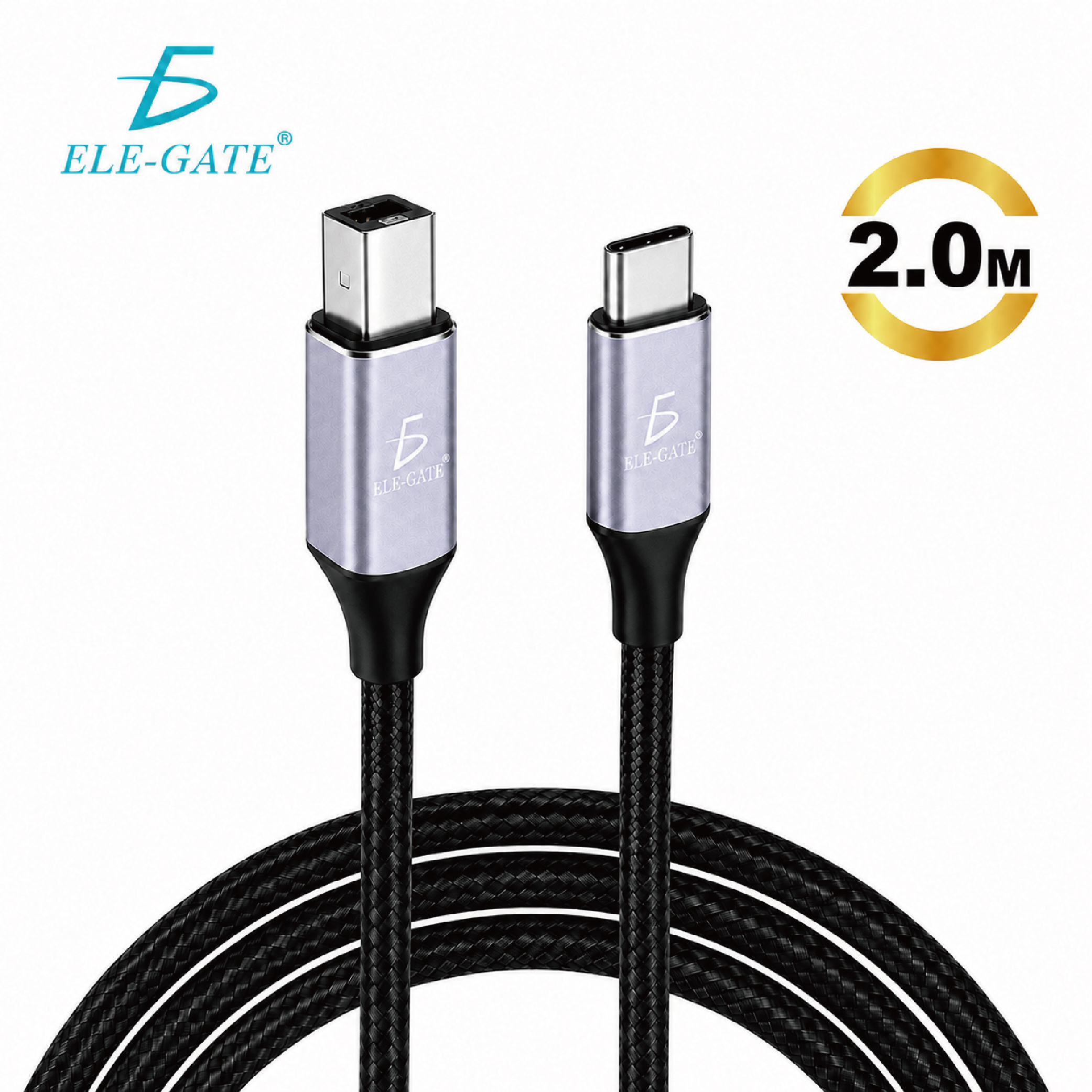 Cable USB-C a USB 2.0 Tipo-B 2M Trenzado para Impresora, Escáner, MIDI e Interfaces de Audio