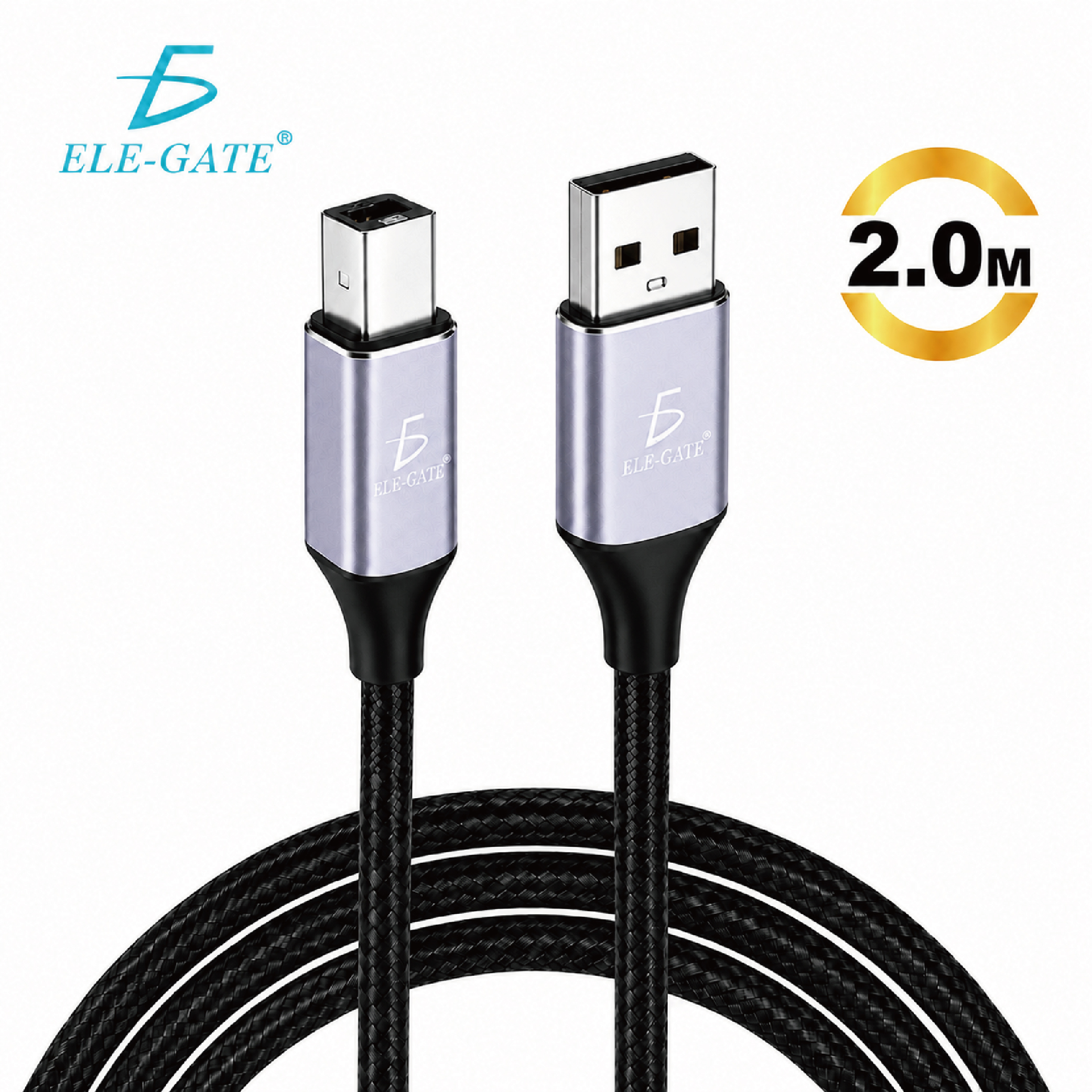 Cable USB Tipo-B 2.0 de 2M Trenzado para Impresora, Escáner, MIDI, DAC e Interfaz de Audio