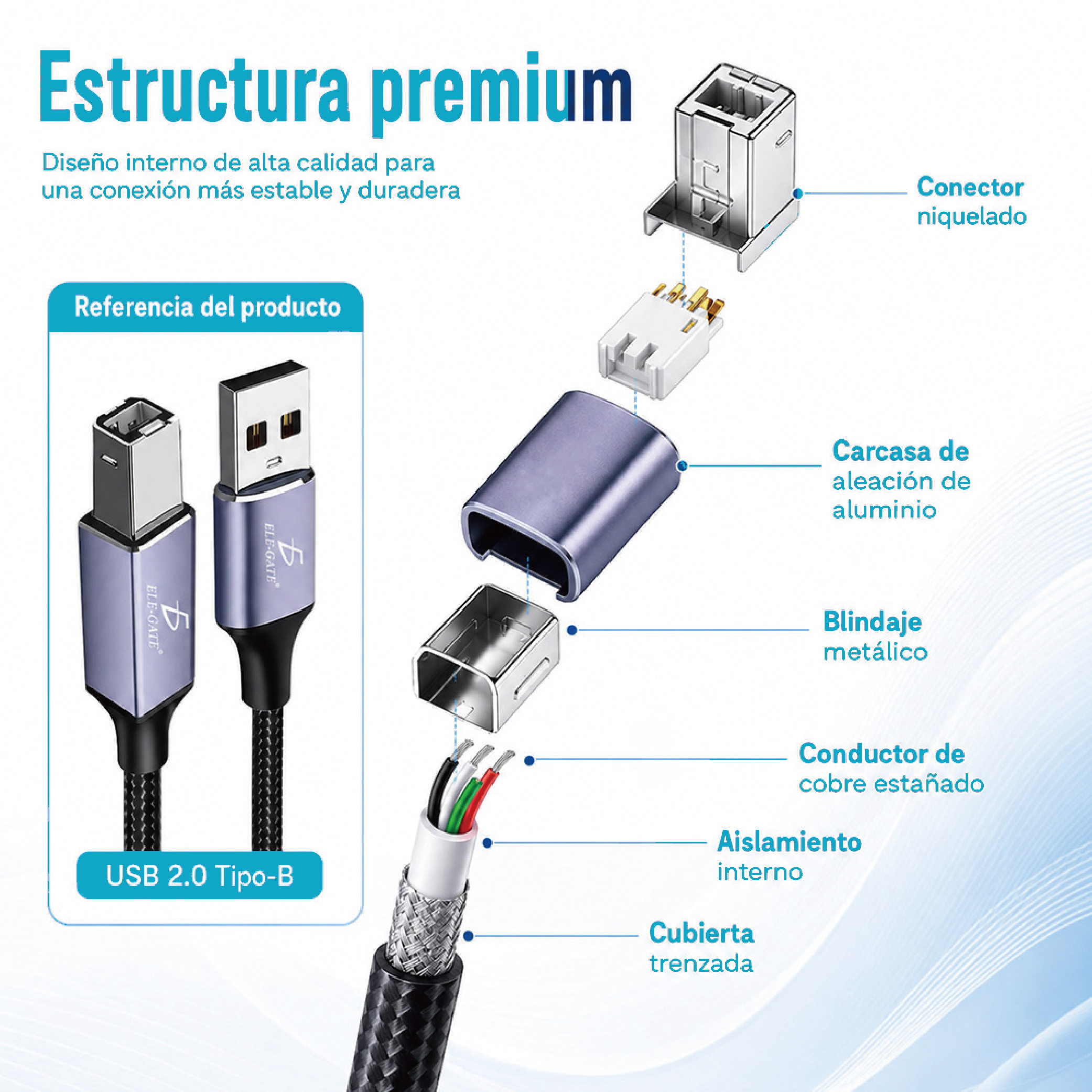 Cable USB Tipo-B 2.0 de 2M Trenzado para Impresora, Escáner, MIDI, DAC e Interfaz de Audio - Image 2
