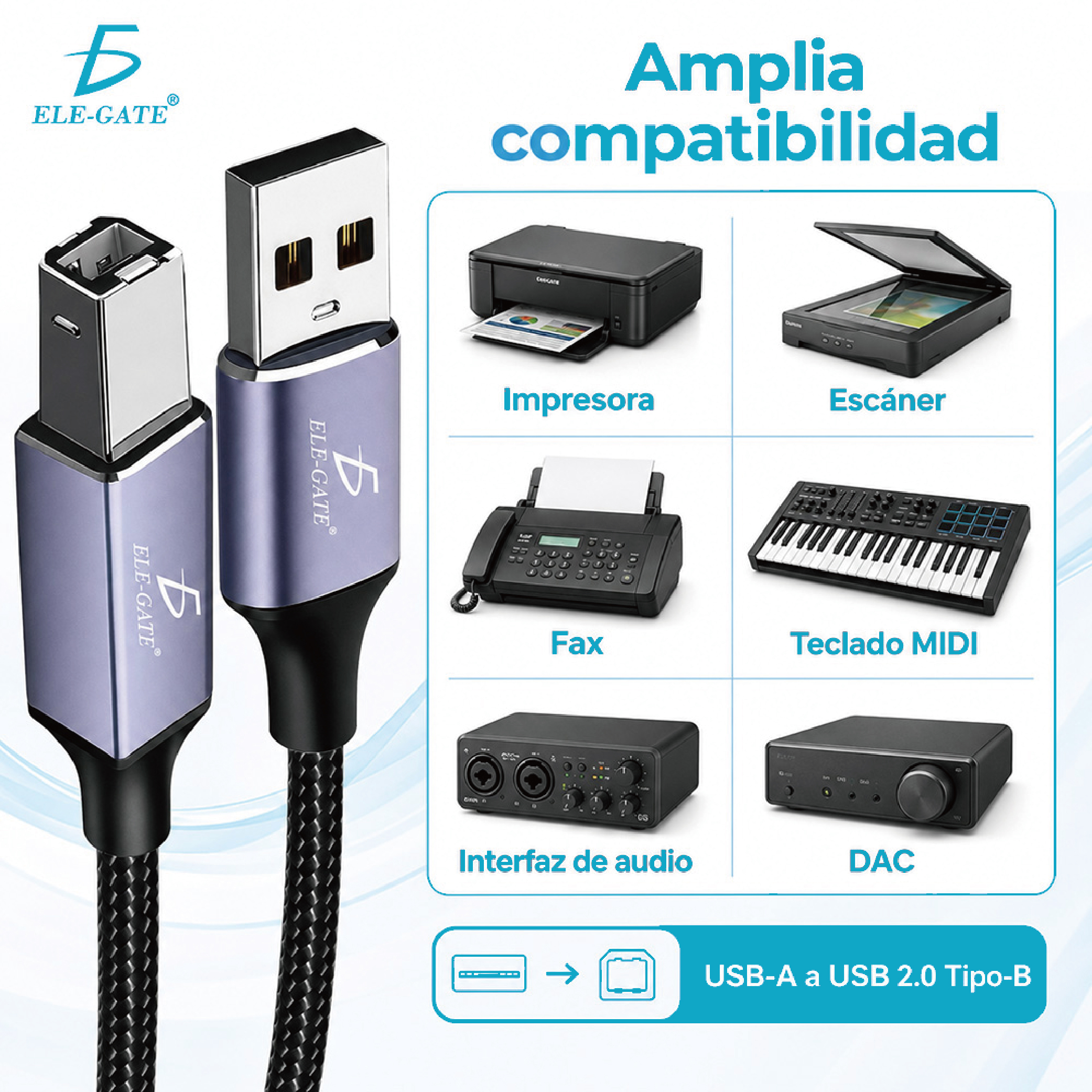 Cable USB Tipo-B 2.0 de 2M Trenzado para Impresora, Escáner, MIDI, DAC e Interfaz de Audio - Image 4