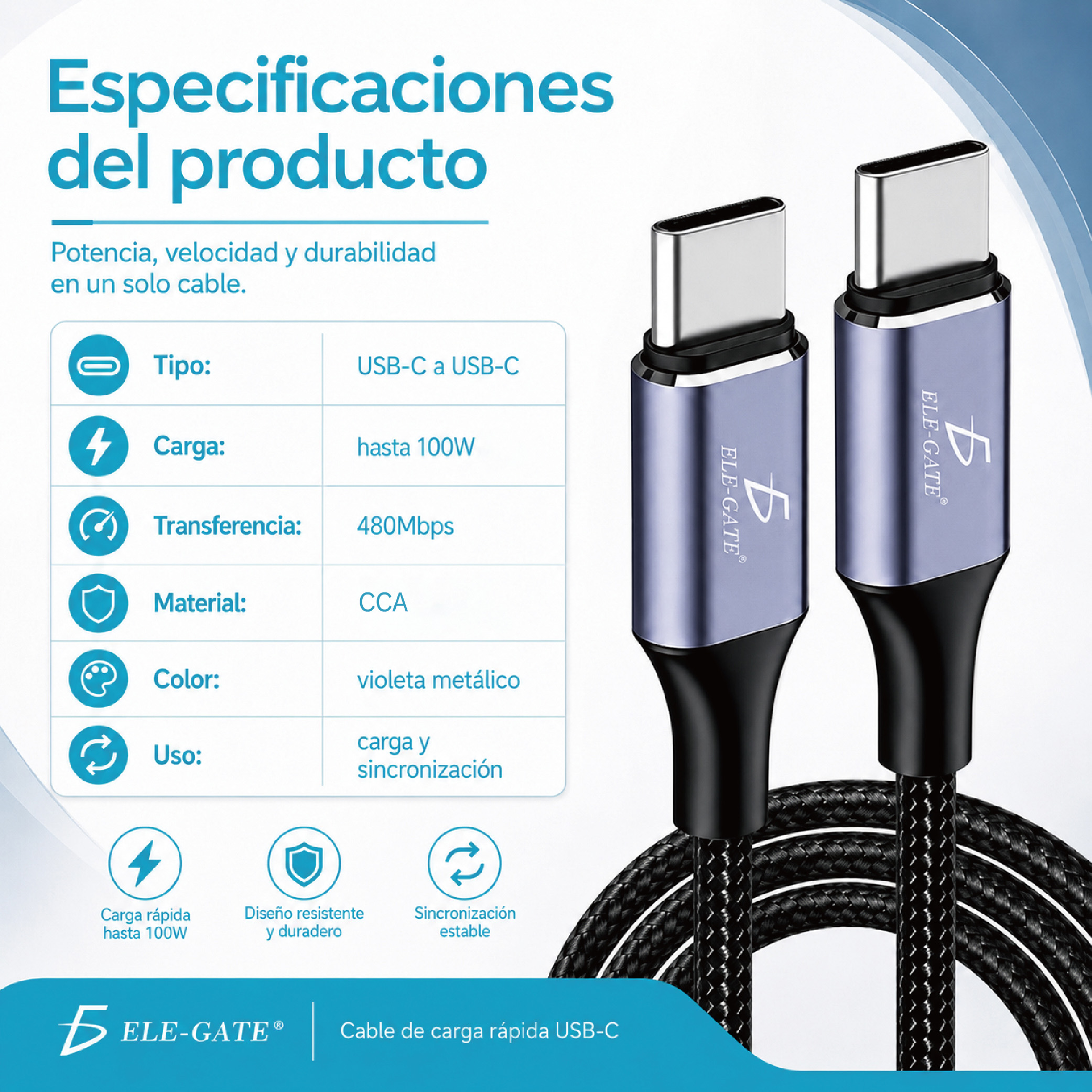 Cable USB-C a USB-C 100W PD | Carga rápida y transferencia hasta 480Mbps - Image 3