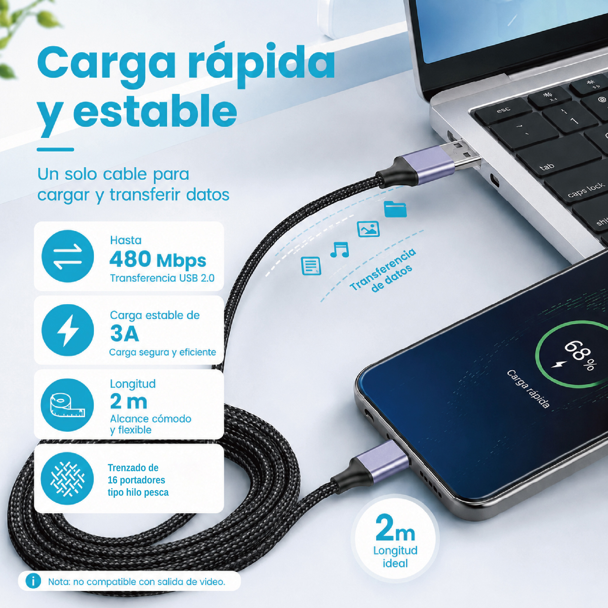 Cable USB-A a USB-C de 2m Nylon Trenzado | Carga 3A y Transferencia 480 Mbps - Image 4