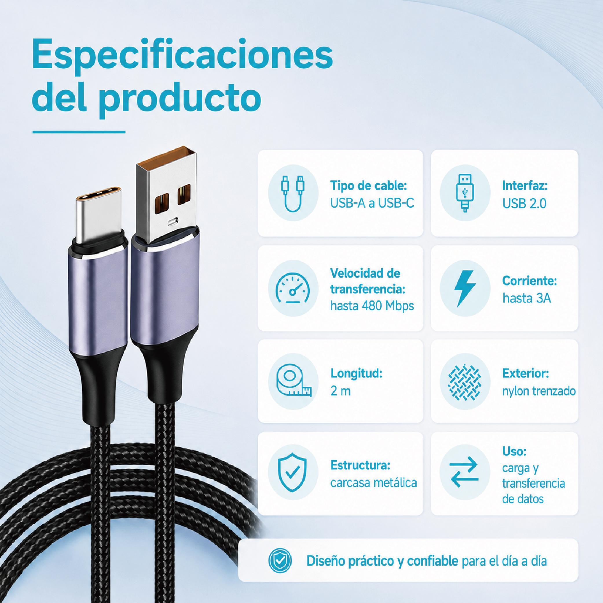Cable USB-A a USB-C de 2m Nylon Trenzado | Carga 3A y Transferencia 480 Mbps - Image 3