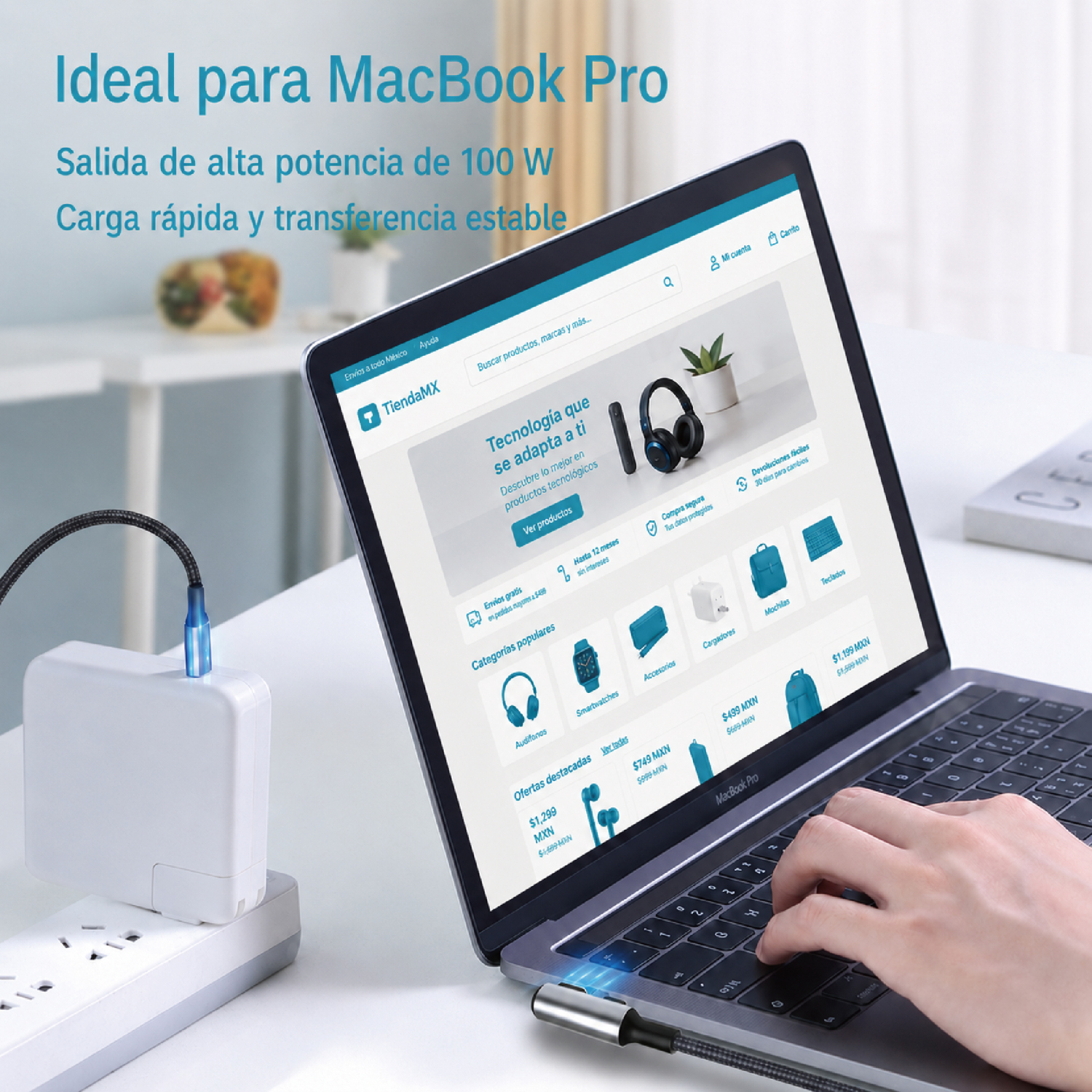 Cable USB-C a USB-C Ángulo 90° de 2M Carga rápida 100 W Trenzado diseño reforzado para uso diario. - Image 4