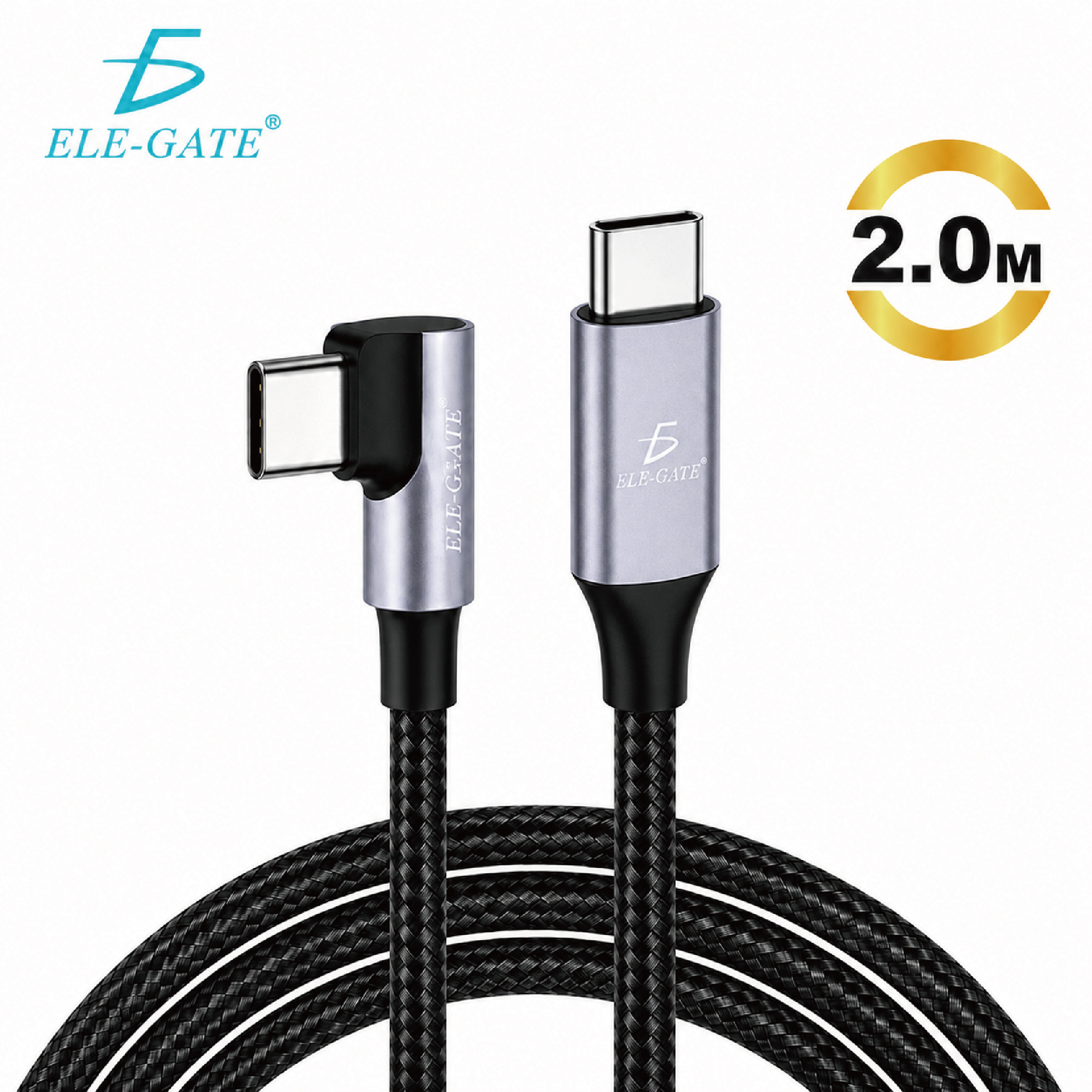 Cable USB-C a USB-C Ángulo 90° de 2M Carga rápida 100 W Trenzado diseño reforzado para uso diario.
