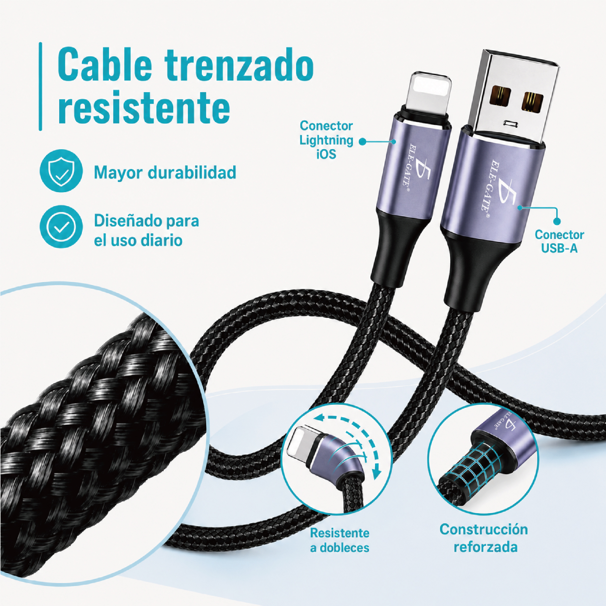 Cable Lightning USB-A 2 Metros Trenzado | Carga 2.4A para iPhone y iPad - Image 3