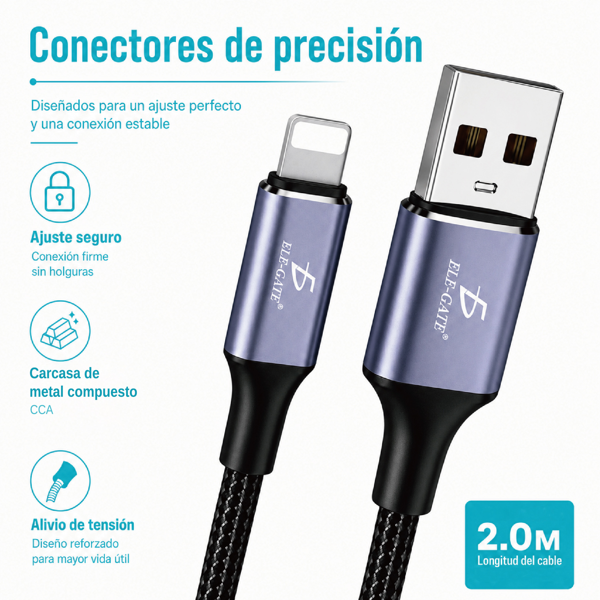 Cable Lightning USB-A 2 Metros Trenzado | Carga 2.4A para iPhone y iPad - Image 2