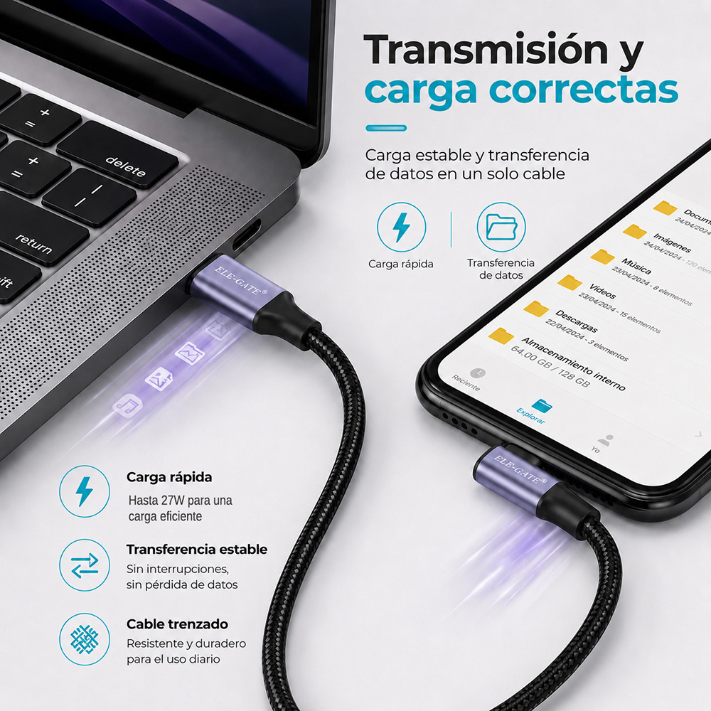 Cable USB-A a USB-C 2m 90° Trenzado Reforzado para iPhone Android y Nintendo Switch 2.4A - Image 3
