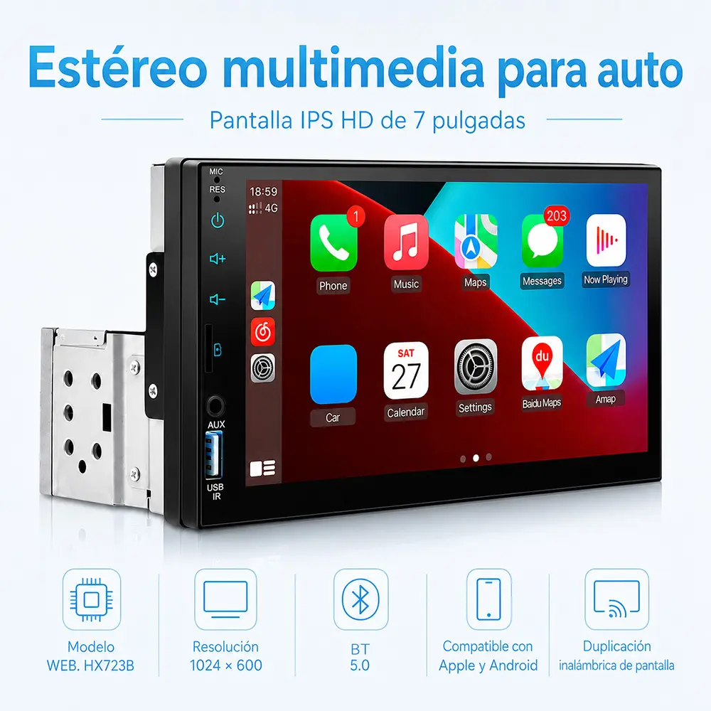 Autoestéreo 7" Doble DIN con CarPlay, Android Auto y BT 5.0 - Imagen 5