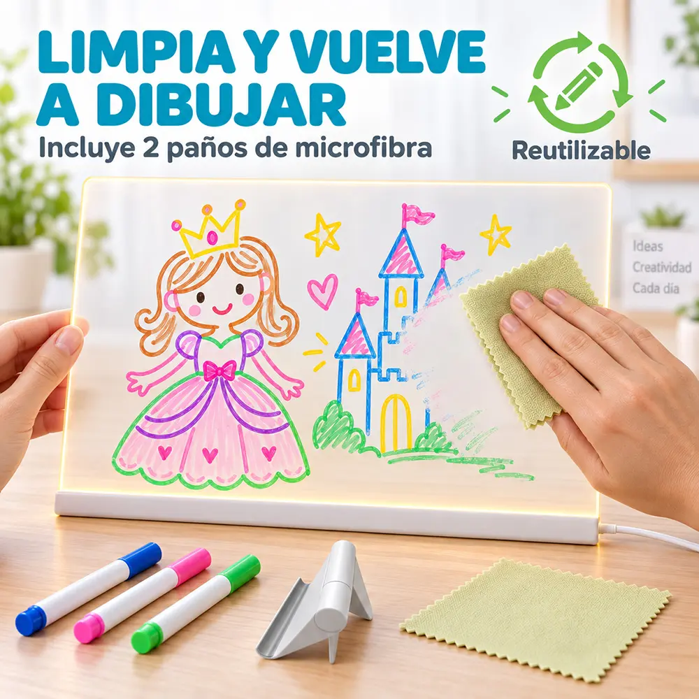 Pizarra Acrílica LED 35x26 cm USB para Dibujar, Escribir y Crear con Luz - Imagen 2
