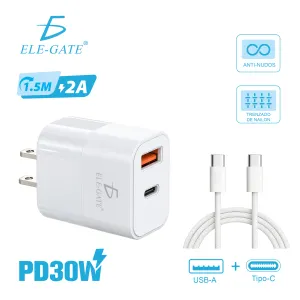 Cargador GaN 30 W USB-C y USB-A con cable C-C de 1.5 m