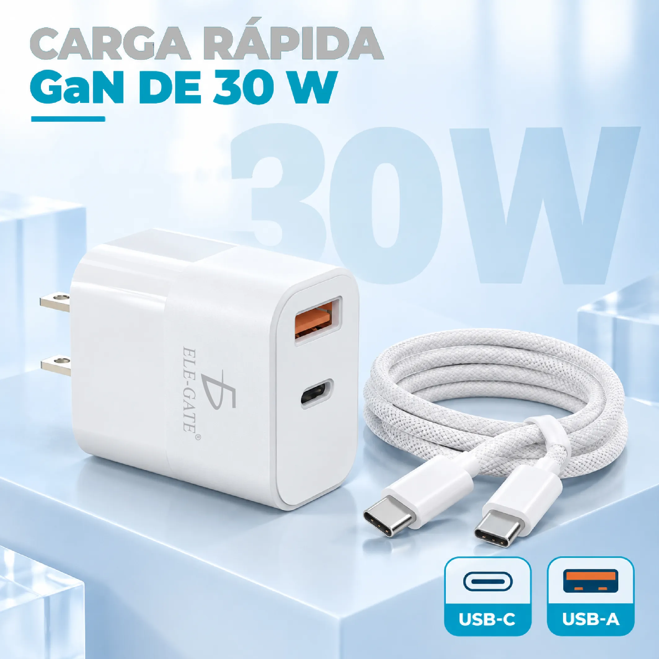 Cargador GaN 30 W USB-C y USB-A con cable C-C de 1.5 m - Imagen 3