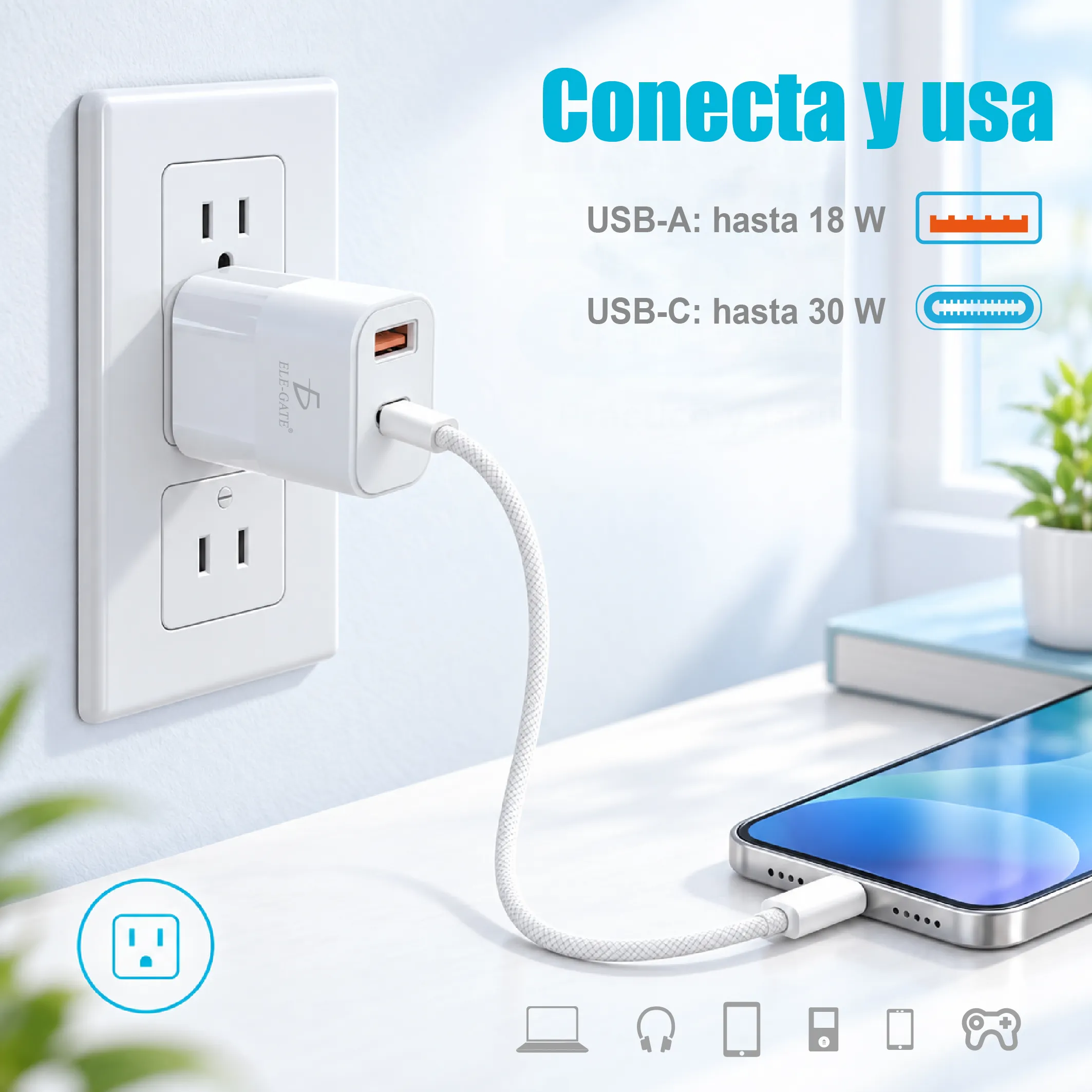 Cargador GaN 30 W USB-C y USB-A con cable C-C de 1.5 m - Imagen 5