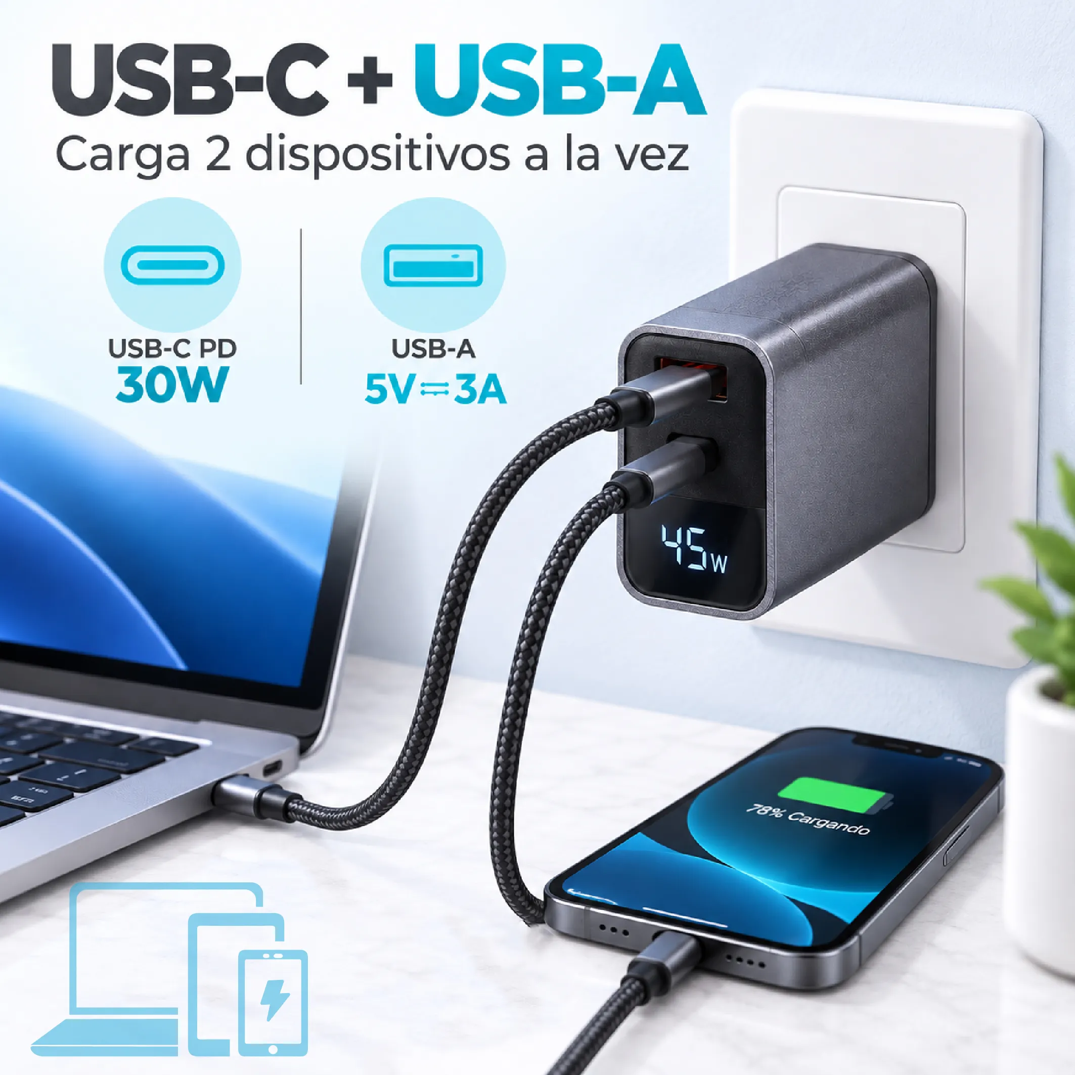 Cargador PD 45 W con pantalla para celular tablet y laptop - Imagen 3