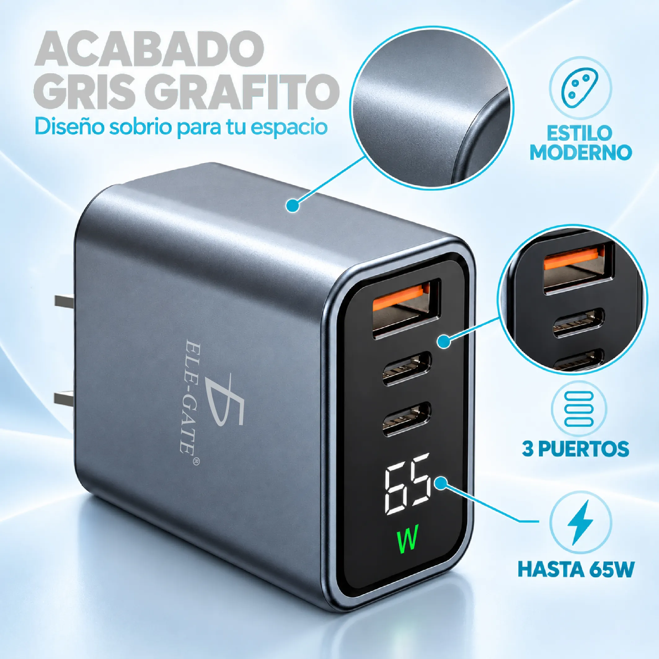 Cargador PD 65 W con pantalla para celular tablet y laptop - Imagen 5