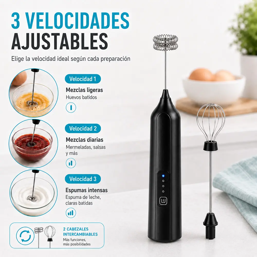 Espumador de leche eléctrico 2 en 1, 3 velocidades, blanco o negro - Imagen 3