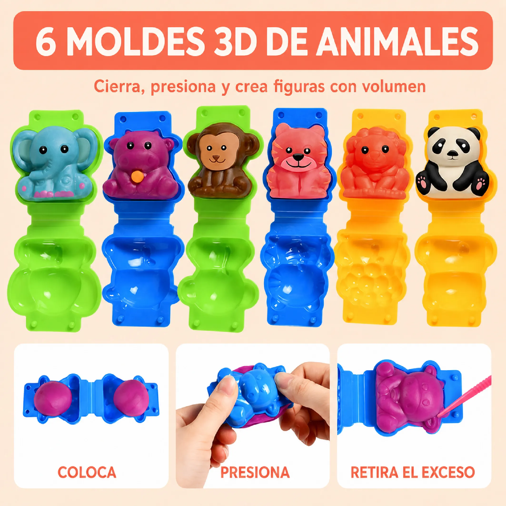 Set De Plastilina Infantil Con 6 Moldes 3D De Animales - Imagen 4