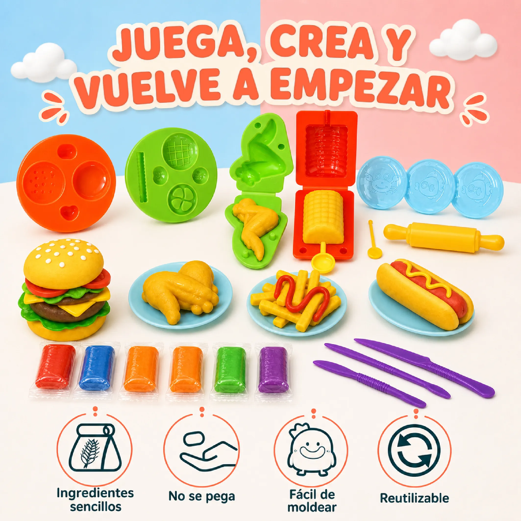 Kit de plastilina infantil con moldes, rodillo y herramientas - Imagen 2