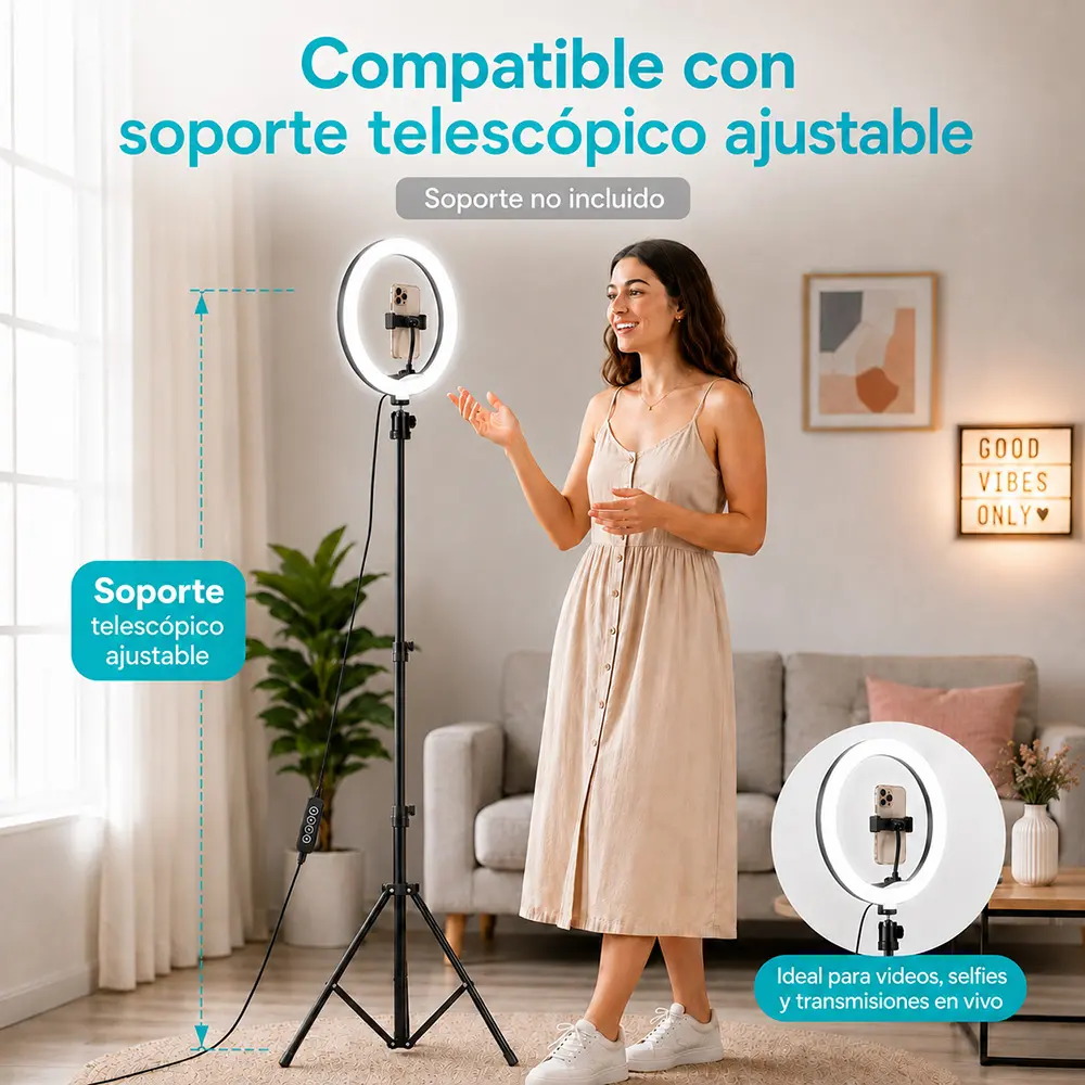 Aro de Luz LED de 26 cm con Trípode y Control Bluetooth - Imagen 5