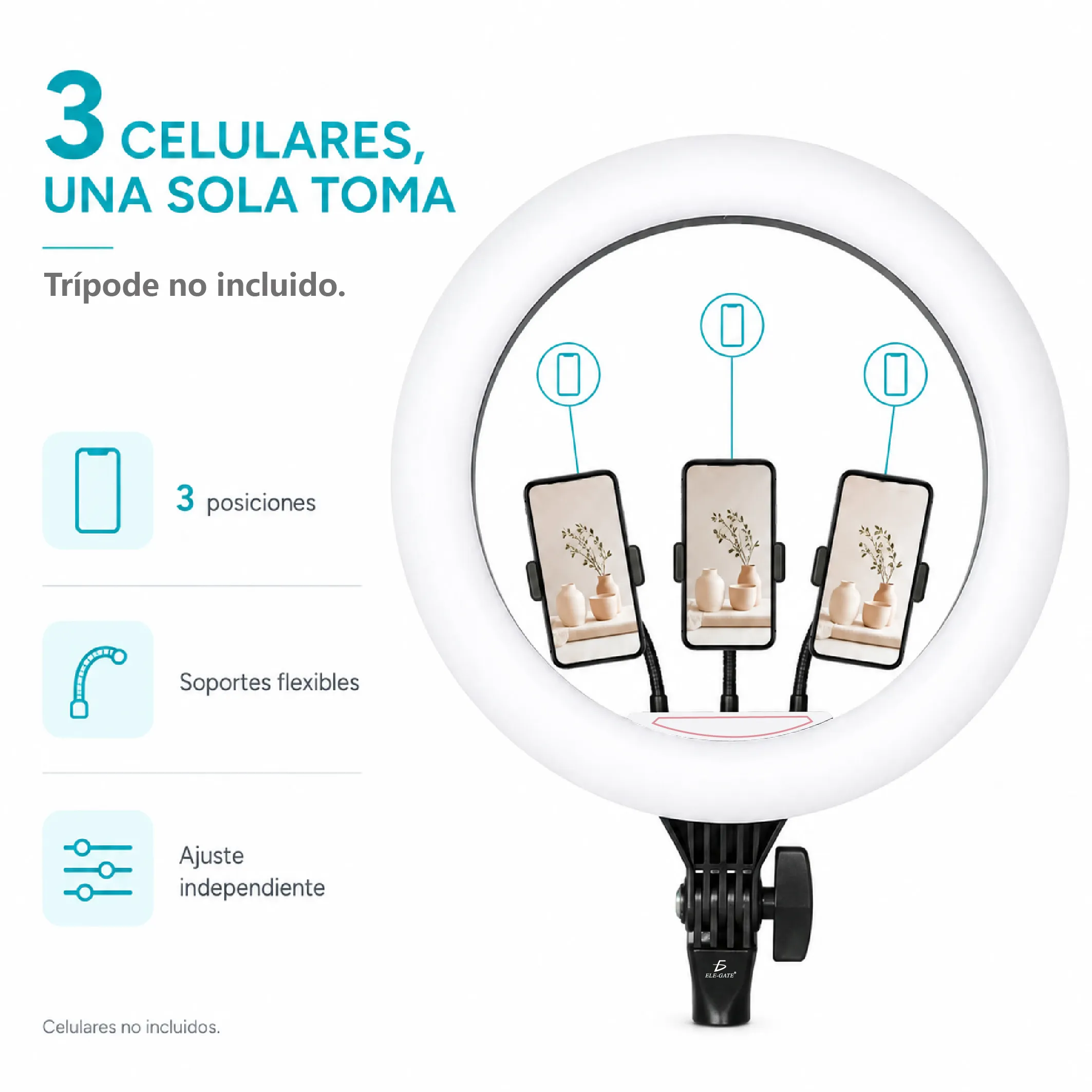 Aro de Luz LED de 18 Pulgadas para 3 Celulares con 3 Tonos - Imagen 2