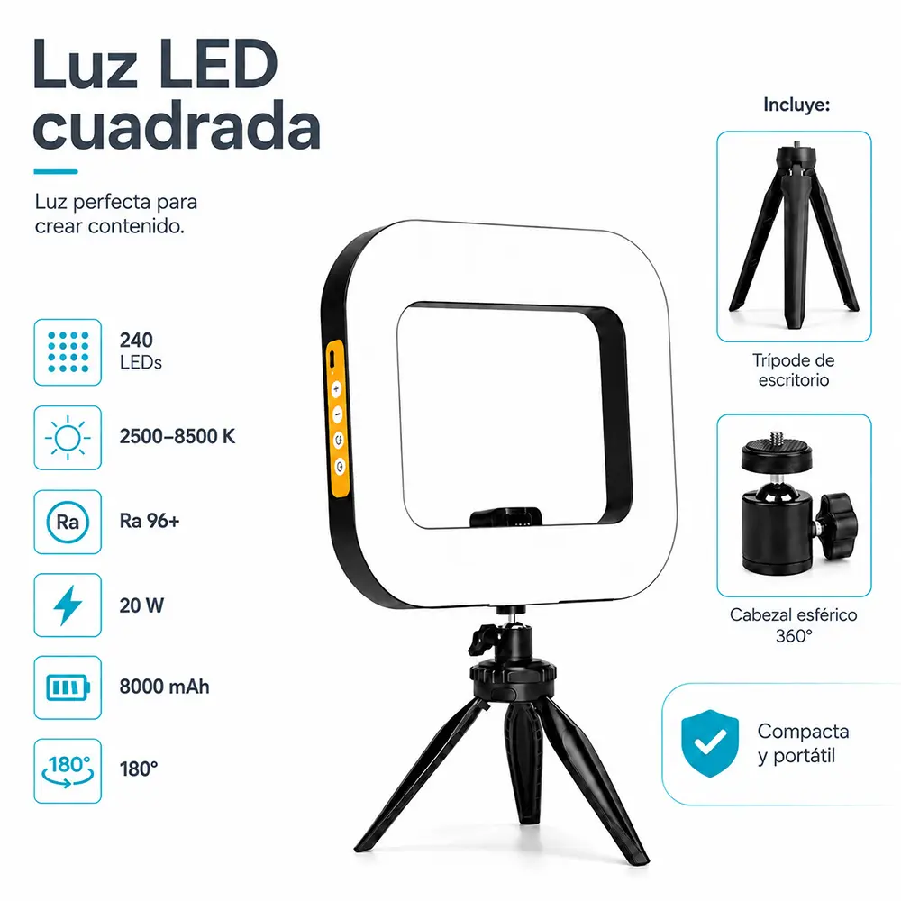 Luz LED Cuadrada de 20 W con Trípode y Batería de 8000 mAh - Imagen 4
