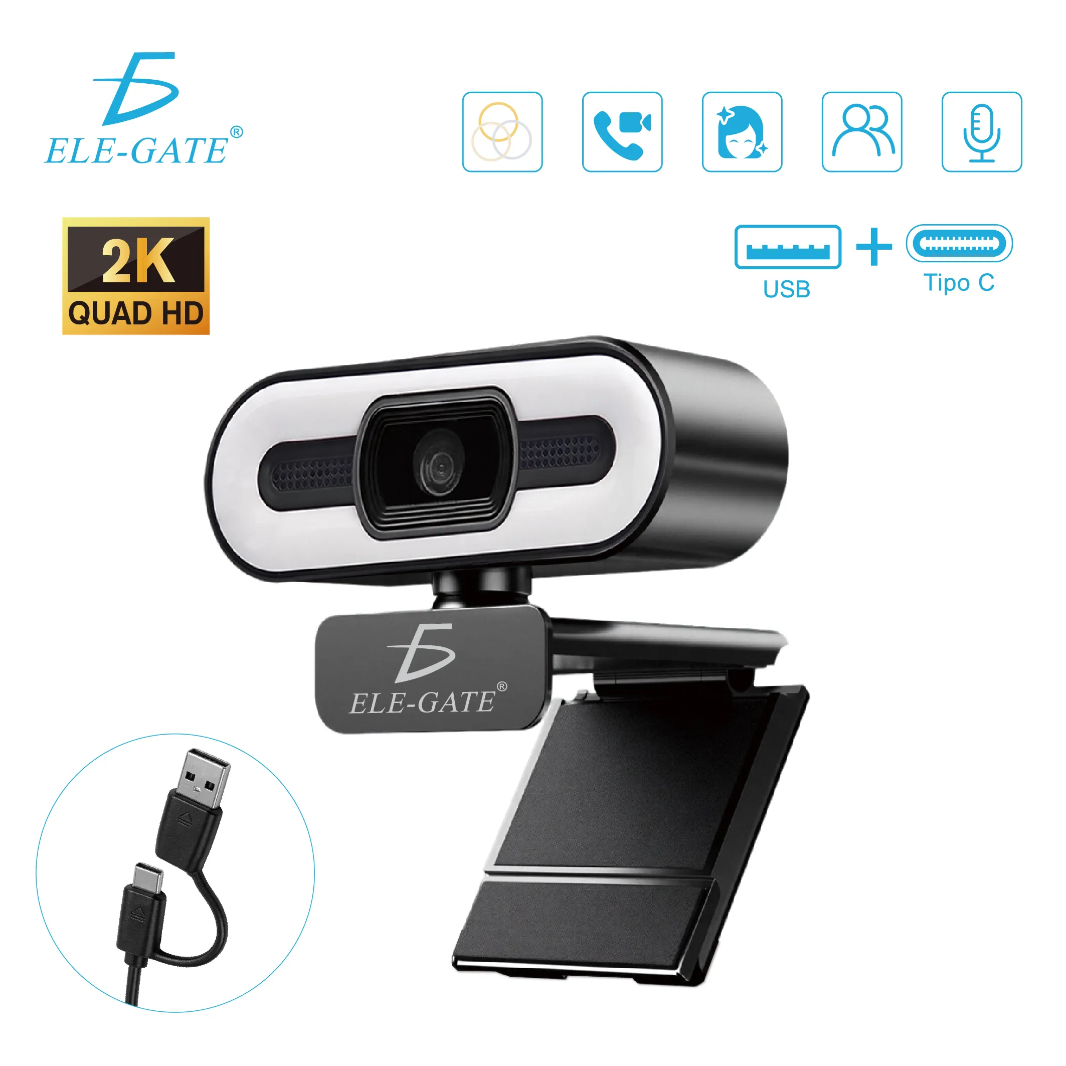 Cámara Web 2K Ultra HD Tipo C+USB con Luz de Relleno Enfoque Automático