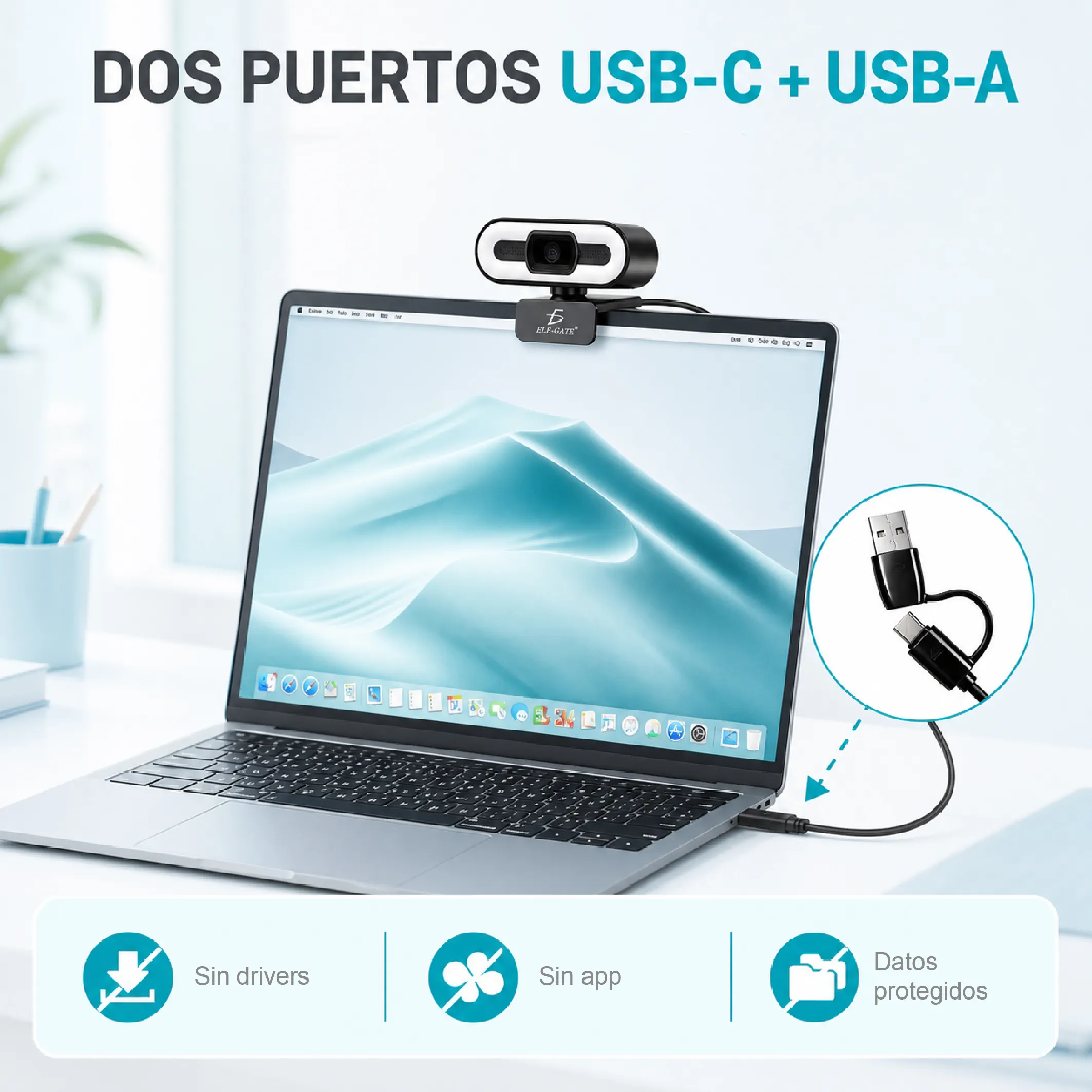 Cámara Web 2K Ultra HD Tipo C+USB con Luz de Relleno Enfoque Automático - Imagen 4