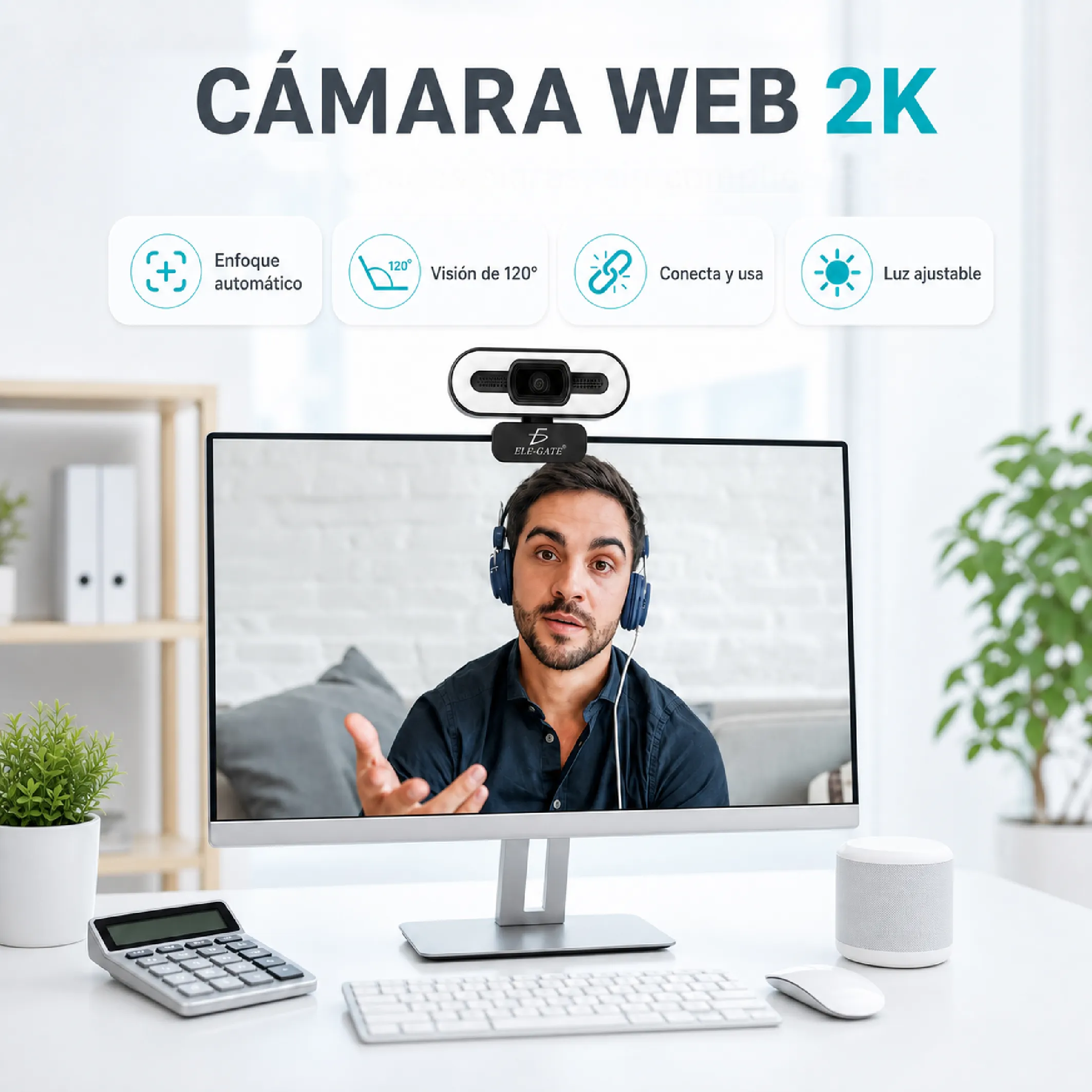 Cámara Web 2K Ultra HD Tipo C+USB con Luz de Relleno Enfoque Automático - Imagen 2