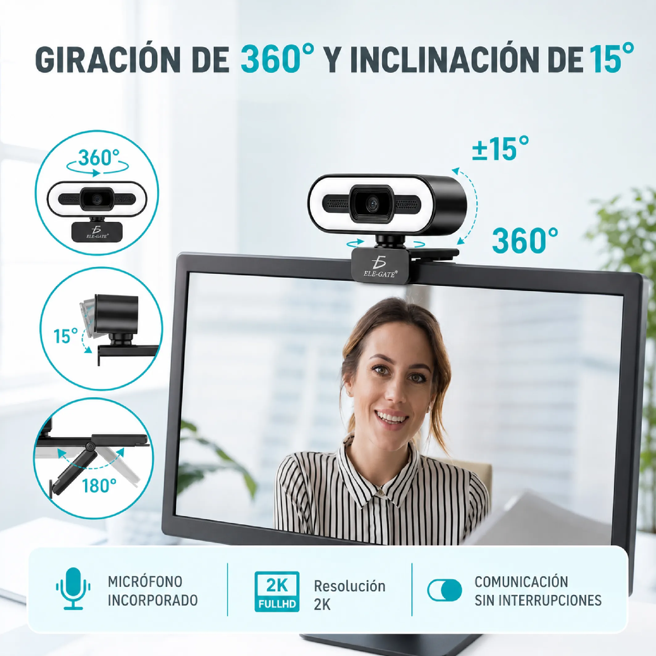 Cámara Web 2K Ultra HD Tipo C+USB con Luz de Relleno Enfoque Automático - Imagen 5