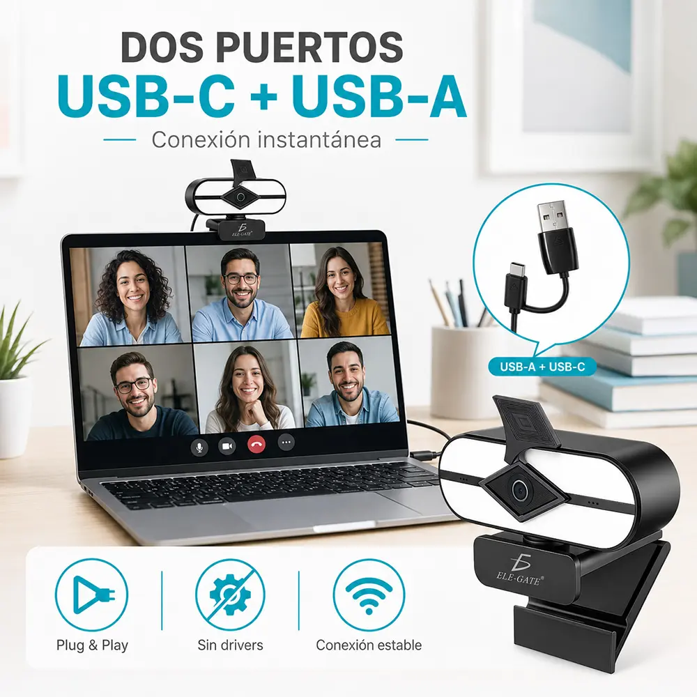 Cámara Web USB 4K Type-C+USB con Luz LED Micrófono Dual Tapa de Privacidad y Plug & Play - Imagen 2
