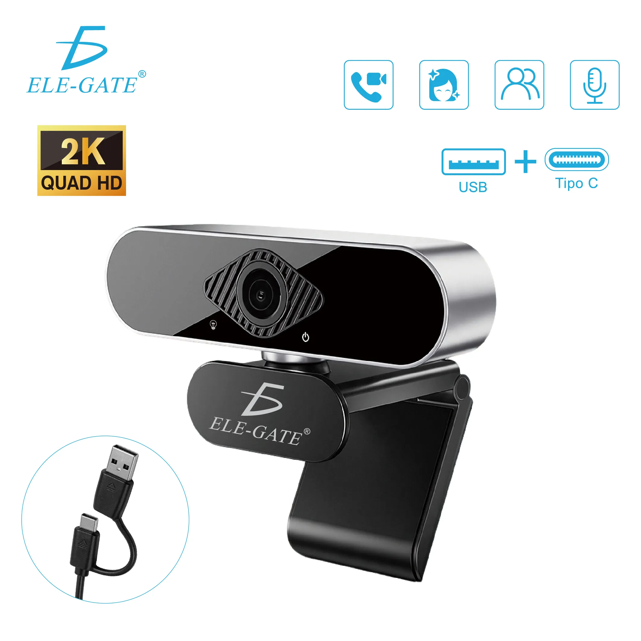 Cámara web 2K con USB y USB-C