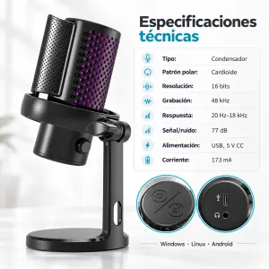 Micrófono USB cardioide de escritorio con filtro antipop