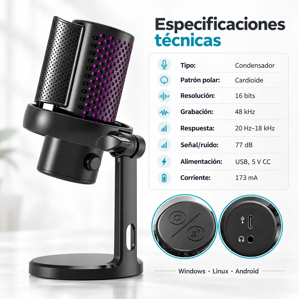 Micrófono USB cardioide de escritorio con filtro antipop