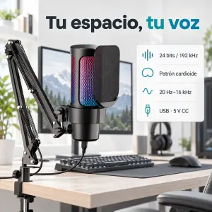 Micrófono USB cardioide con brazo para grabar y transmitir