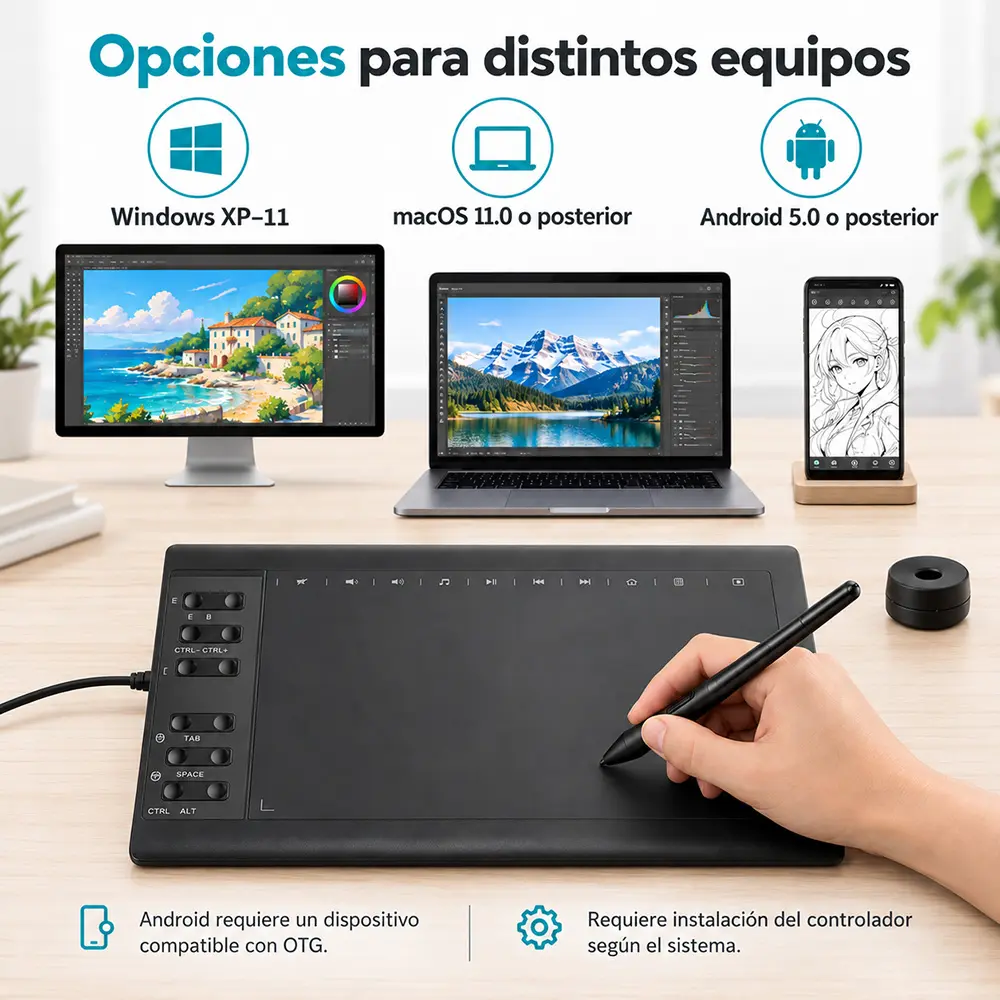 Tableta gráfica USB de 10 × 6 pulgadas con lápiz pasivo - Imagen 2
