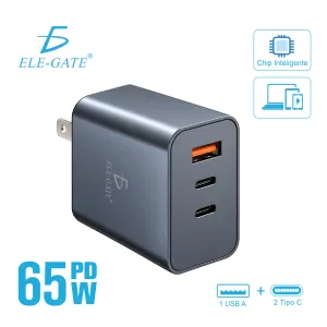 `Cargador GaN 65W PD, 2 Puertos Tipo C + 1 USB A, Cargador Rápido Inteligente Para Laptop, Celular Y