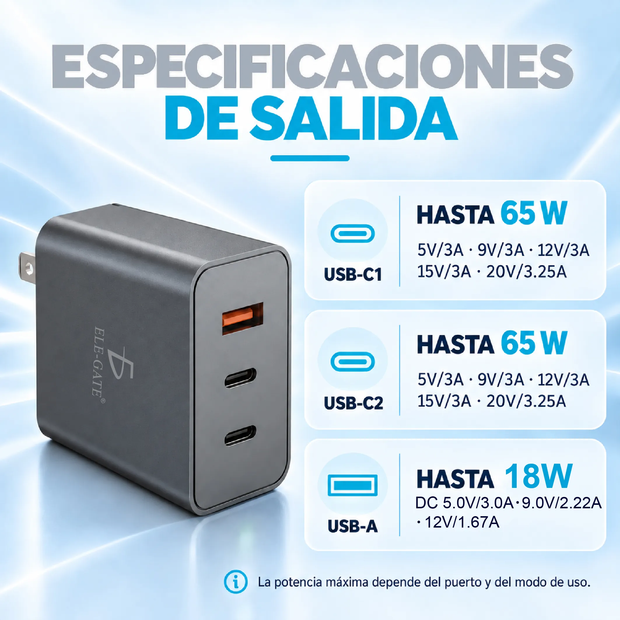 `Cargador GaN 65W PD, 2 Puertos Tipo C + 1 USB A, Cargador Rápido Inteligente Para Laptop, Celular Y - Imagen 3