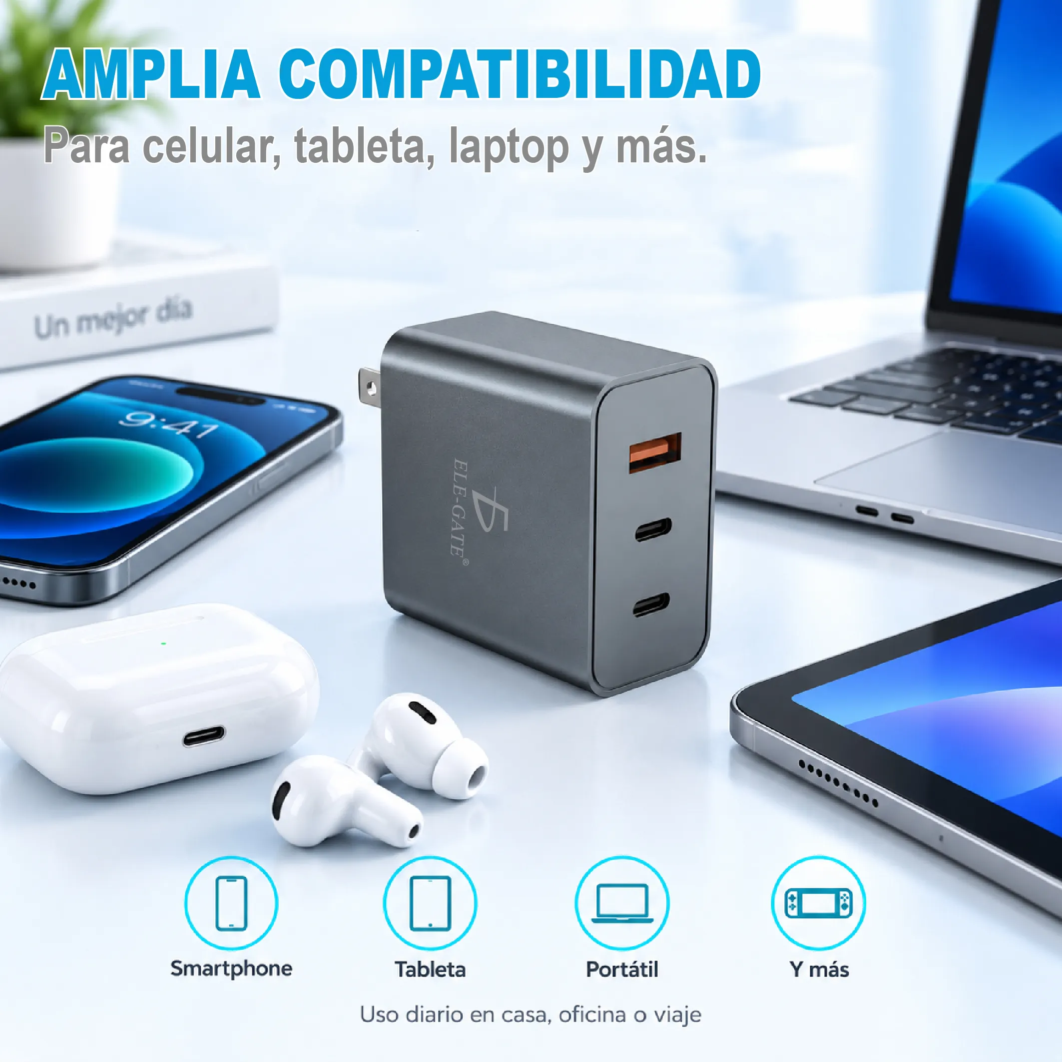 `Cargador GaN 65W PD, 2 Puertos Tipo C + 1 USB A, Cargador Rápido Inteligente Para Laptop, Celular Y - Imagen 5