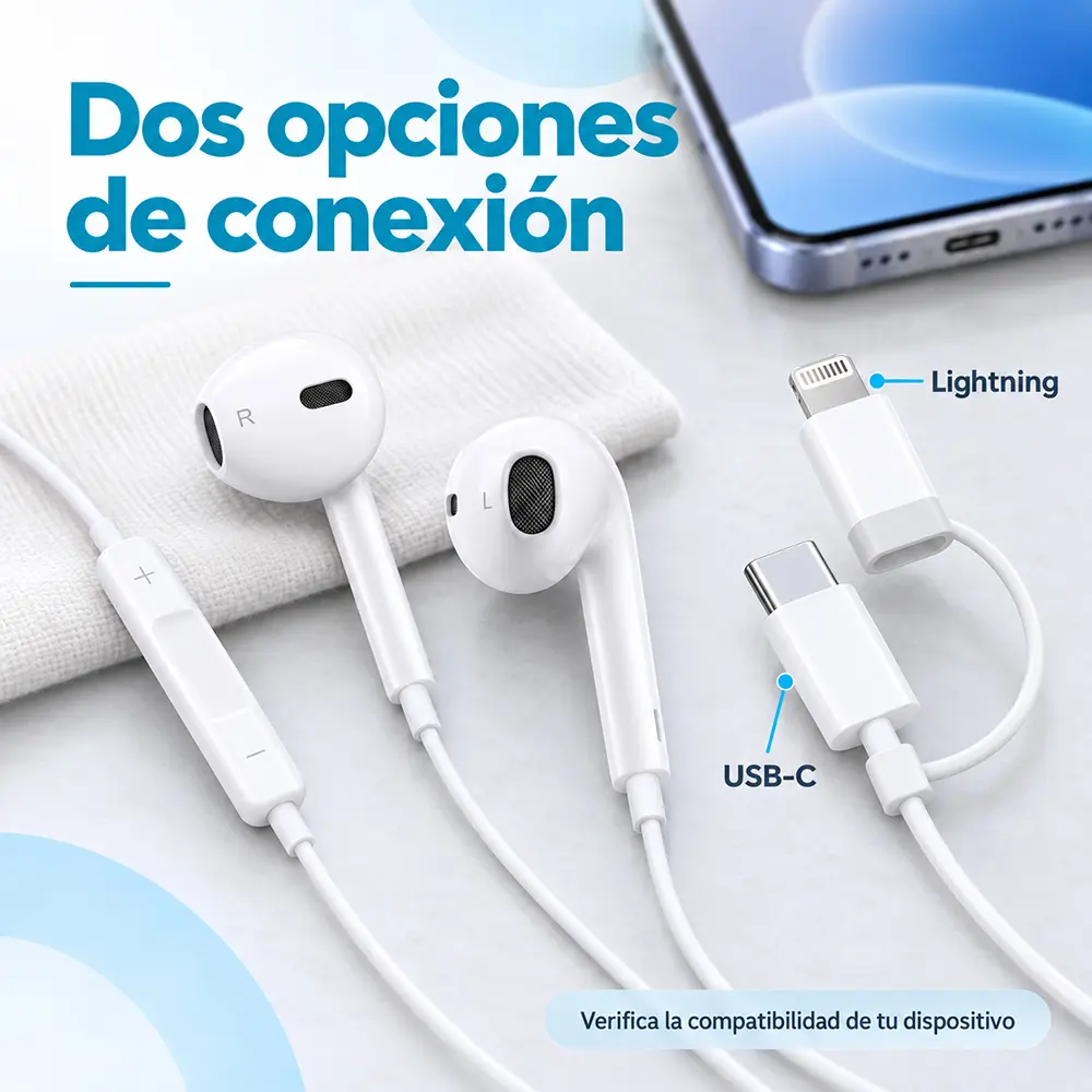 Audífonos con cable USB-C y Lightning de 1.2 m blancos - Imagen 3
