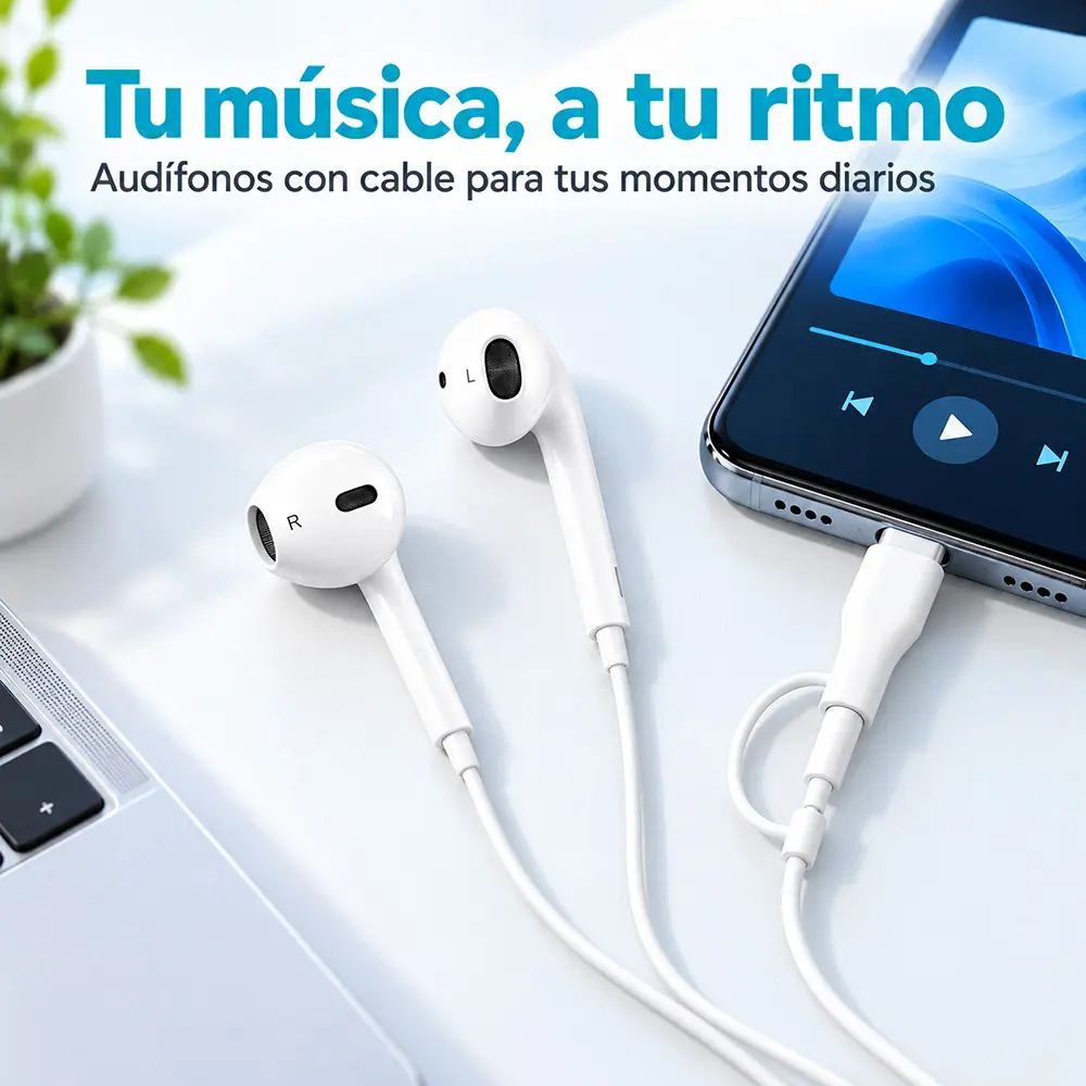 Audífonos con cable 3.5 mm y adaptador USB-C de 1.2 m - Imagen 3