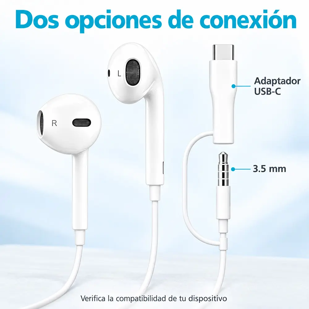 Audífonos con cable 3.5 mm y adaptador USB-C de 1.2 m - Imagen 4