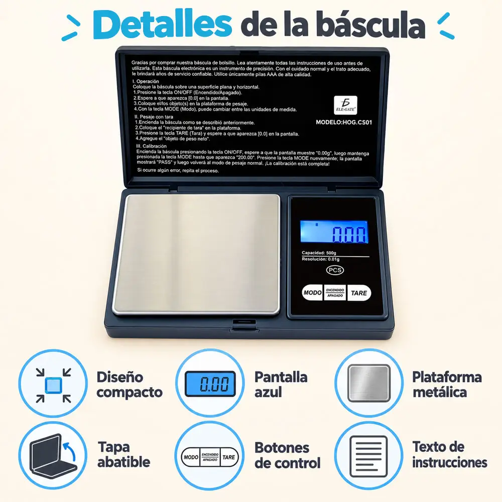Báscula digital de bolsillo 500 g con resolución 0.01 g - Imagen 3