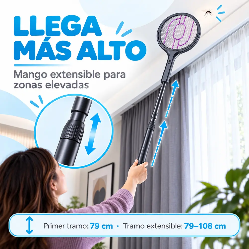 Raqueta eléctrica extensible antimosquitos con USB-C - Imagen 3