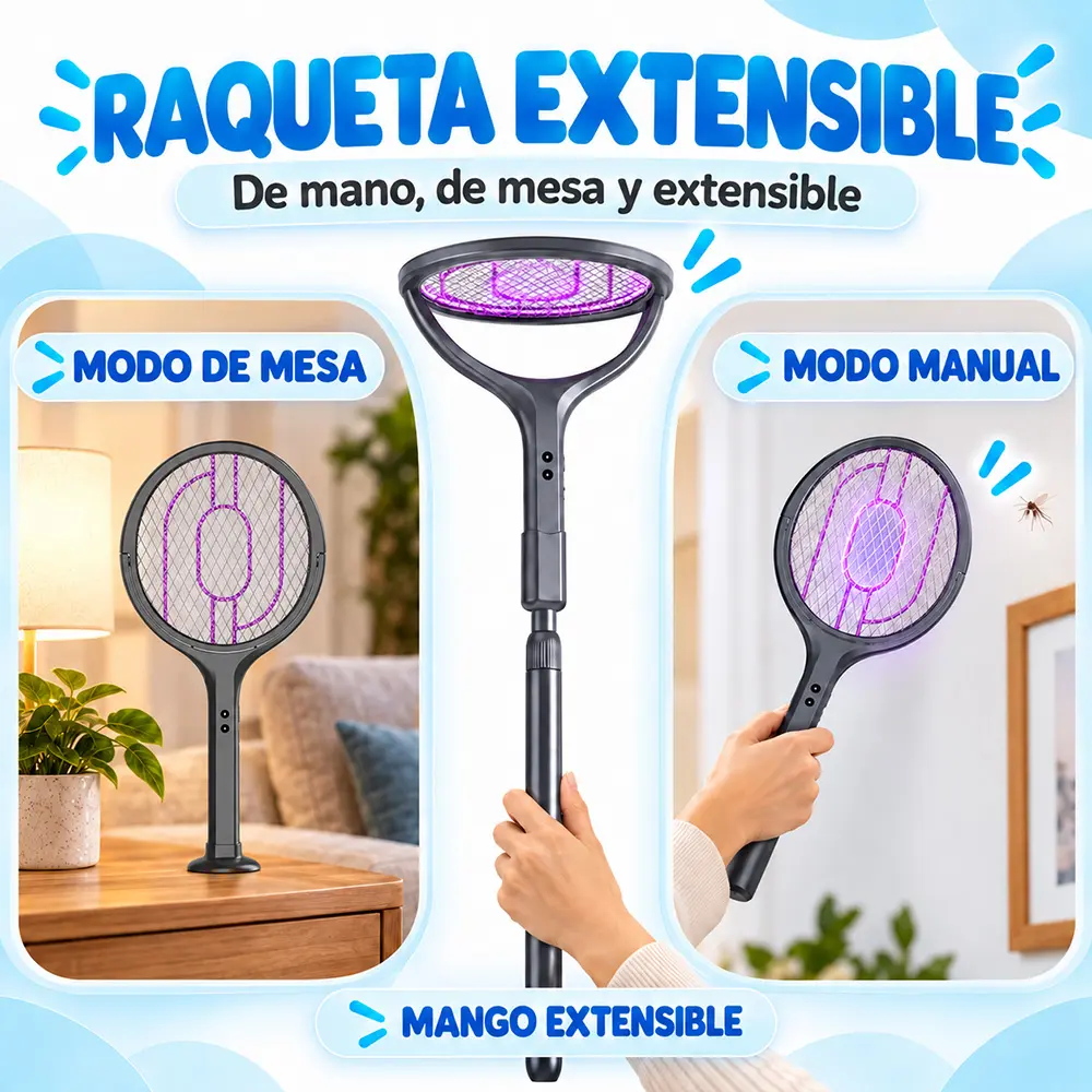 Raqueta eléctrica extensible antimosquitos con USB-C - Imagen 4