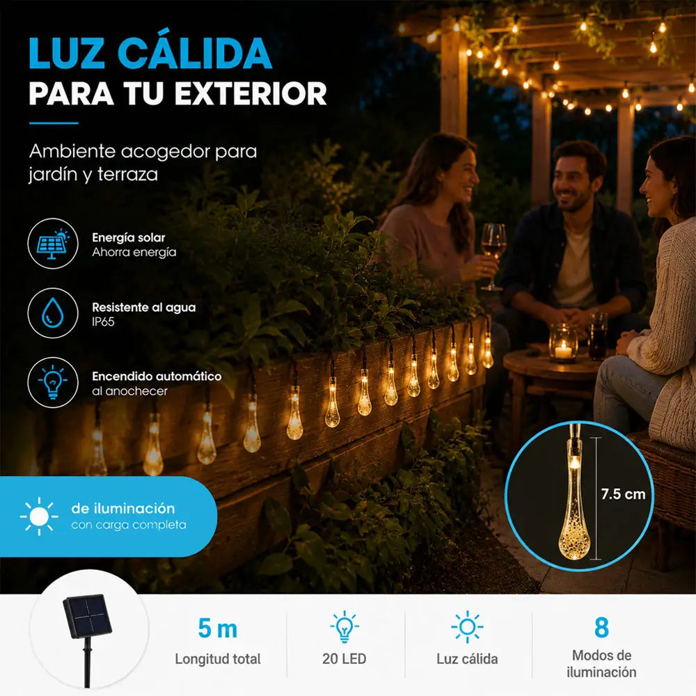 Guirnalda de Luces Solares para Exterior 3 m, 20 LED Tipo Gota, Luz Cálida, 8 Modos de Iluminación, Encendido Automático, IP65 - Imagen 2