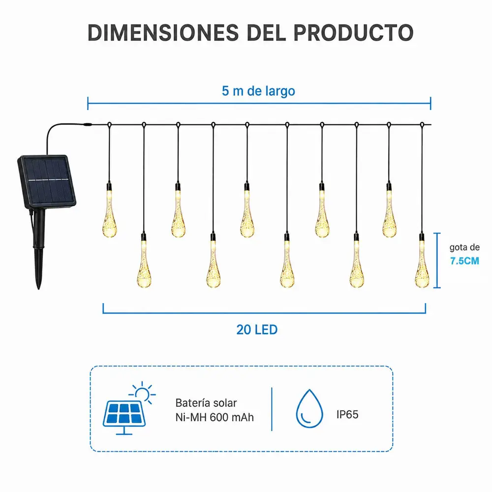 Guirnalda de Luces Solares para Exterior 3 m, 20 LED Tipo Gota, Luz Cálida, 8 Modos de Iluminación, Encendido Automático, IP65 - Imagen 6