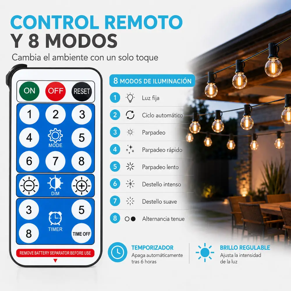 Guirnalda solar G40 de 15 m con 15 focos y control remoto, luz cálida - Imagen 4