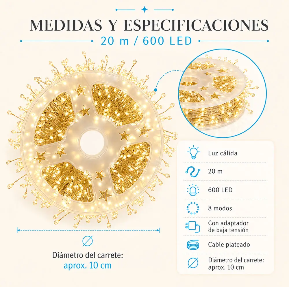 Serie de luces LED cálidas de 20 m con 600 LED y 8 modos - Imagen 5