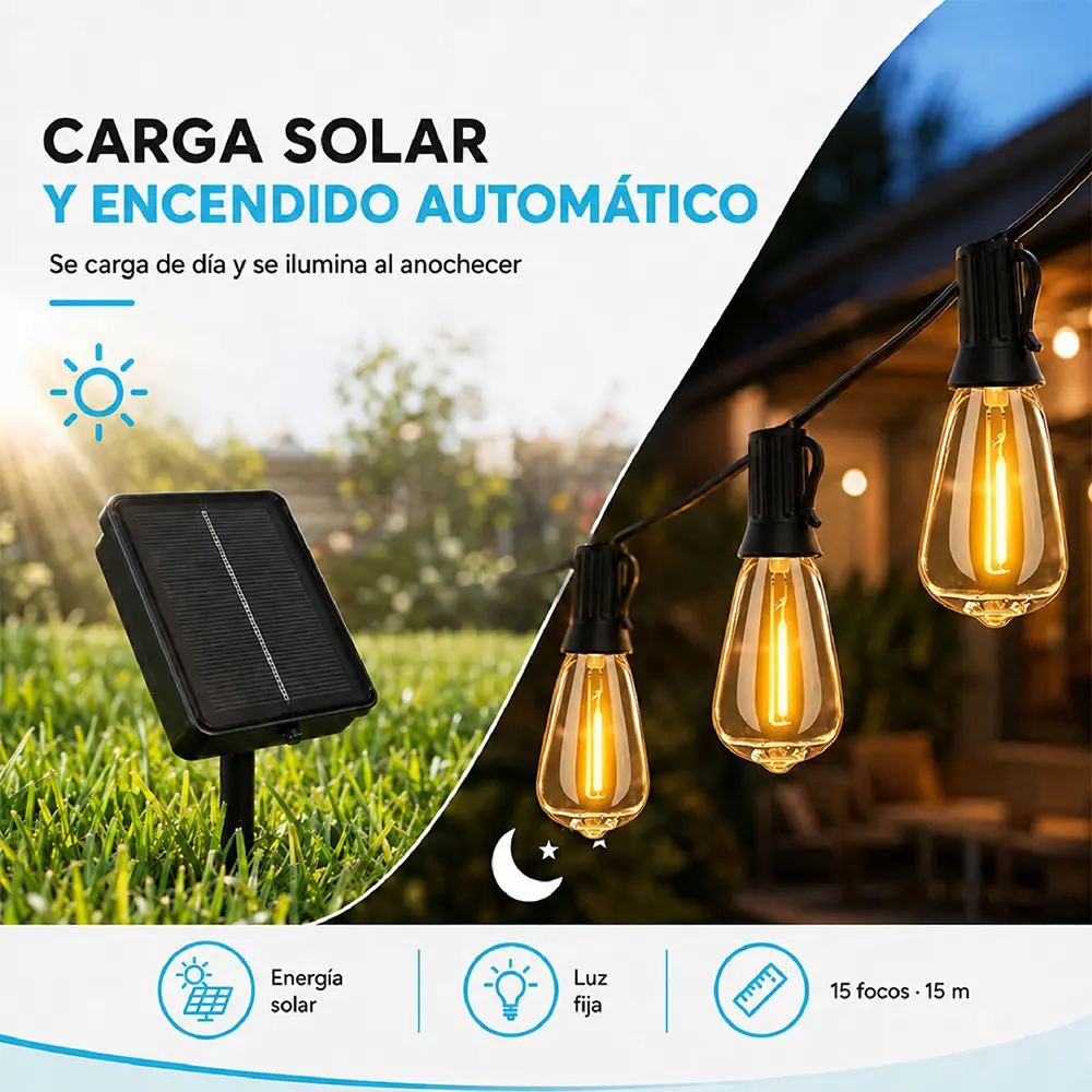 Guirnalda de luces de 15 m con control remoto, 15 focos y 1 de repuesto - Imagen 2